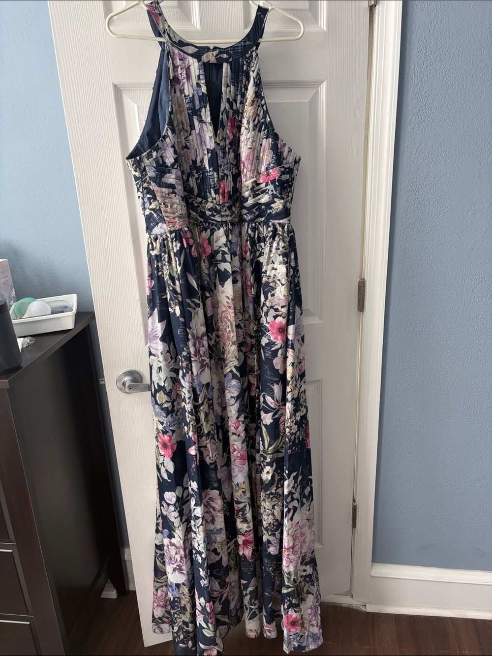 Aidan Mattox Navy Floral Halter Maxi Dress with Pink and Cream Accents